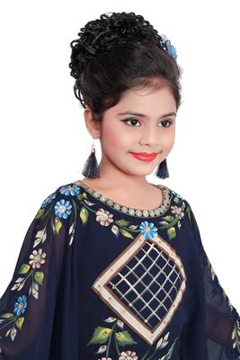 Navy Blue Georgette Hand Embroidered Zari Work Kids Kaftans Party Wear Dresses 4