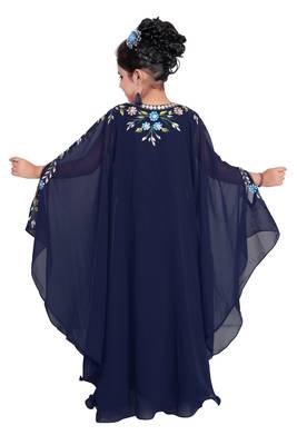 Navy Blue Georgette Hand Embroidered Zari Work Kids Kaftans Party Wear Dresses 5