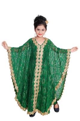 Bottle Green Georgette Hand Embroidered Zari Work Kids Kaftans Party Wear Dresses 1
