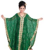 Bottle Green Georgette Hand Embroidered Zari Work Kids Kaftans Party Wear Dresses