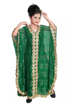 Bottle Green Georgette Hand Embroidered Zari Work Kids Kaftans Party Wear Dresses