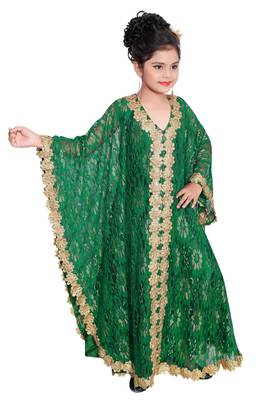 Bottle Green Georgette Hand Embroidered Zari Work Kids Kaftans Party Wear Dresses 3