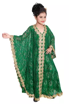 Bottle Green Georgette Hand Embroidered Zari Work Kids Kaftans Party Wear Dresses