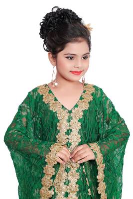 Bottle Green Georgette Hand Embroidered Zari Work Kids Kaftans Party Wear Dresses 5