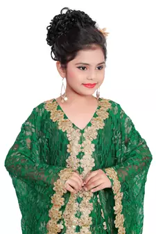 Bottle Green Georgette Hand Embroidered Zari Work Kids Kaftans Party Wear Dresses