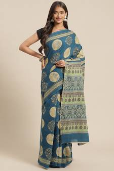 Blue printed cotton saree with blouse