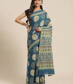 Blue printed cotton saree with blouse