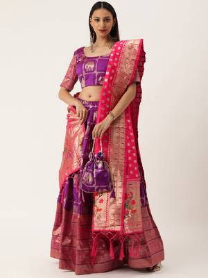 Purple Color Jacquard Paithani Zari Work Semi Stitched Lehenga & Un Stitched Blouse With Dupatta  1