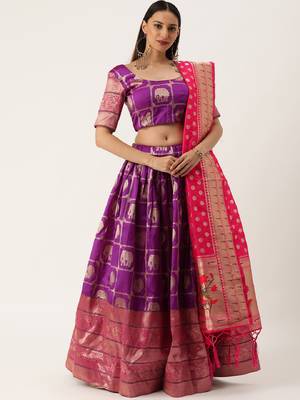 Purple Color Jacquard Paithani Zari Work Semi Stitched Lehenga & Un Stitched Blouse With Dupatta  5