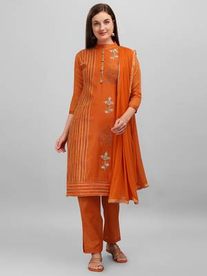 Orange Chanderi Embroidered & Stone Work Dress Material 1