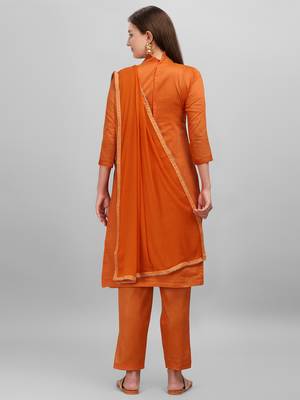 Orange Chanderi Embroidered & Stone Work Dress Material 2