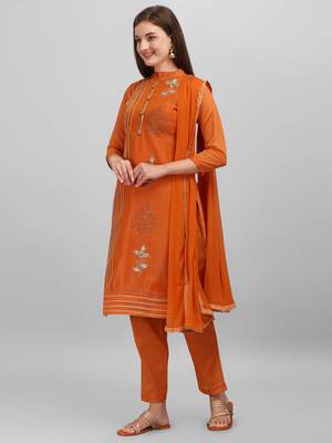 Orange Chanderi Embroidered & Stone Work Dress Material 3