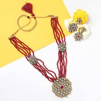 Mad Club Crystal Shine Multistrand Maroon Beads Ethnic Kundan Necklace & Earring Set For Women 4