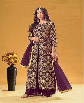  Georgette Wine Palazzo Salwar Suit With Embroidery And Stone Work Wedding Party Wear 1