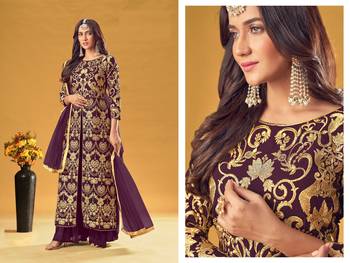  Georgette Wine Palazzo Salwar Suit With Embroidery And Stone Work Wedding Party Wear 2