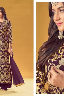  Georgette Wine Palazzo Salwar Suit With Embroidery And Stone Work Wedding Party Wear