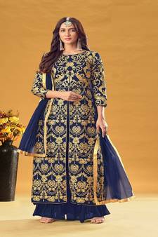 Designer Georgette Fancy Blue Palazzo Salwar Suit With Embroidery And Stone Work Wedding Party Wear