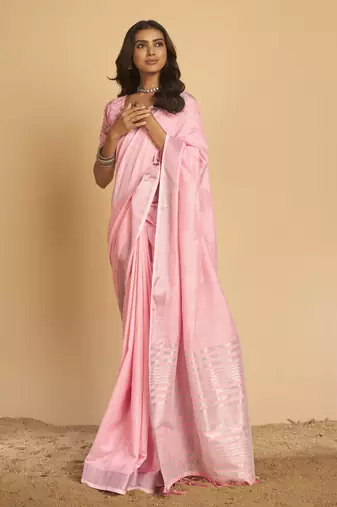 Light pink plain linen saree with blouse