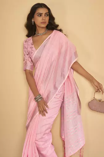 Light pink plain linen saree with blouse