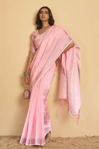 Light pink plain linen saree with blouse