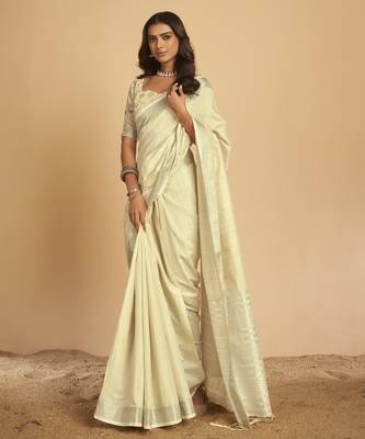 Cream plain linen saree with blouse 1