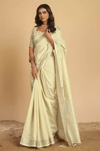 Cream plain linen saree with blouse