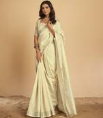 Cream plain linen saree with blouse