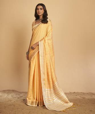 Orange plain linen saree with blouse 1