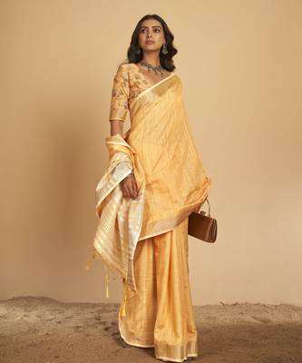 Orange plain linen saree with blouse 3