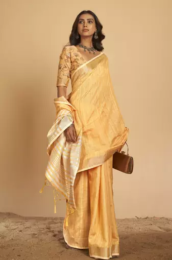 Orange plain linen saree with blouse