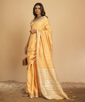 Orange plain linen saree with blouse 4