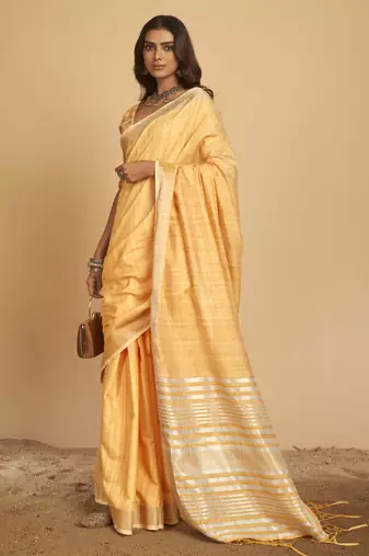 Orange plain linen saree with blouse
