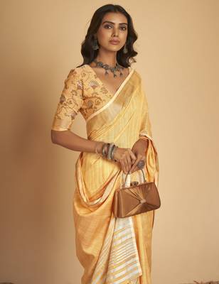 Orange plain linen saree with blouse 5