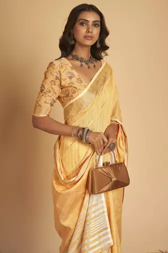 Orange plain linen saree with blouse
