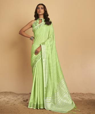 Light green plain linen saree with blouse 1