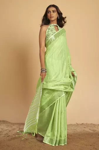 Light green plain linen saree with blouse