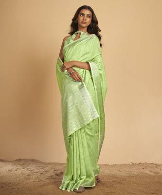 Light green plain linen saree with blouse 4