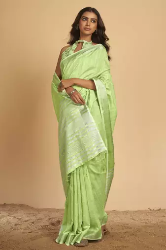 Light green plain linen saree with blouse
