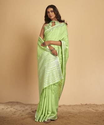 Light green plain linen saree with blouse 5