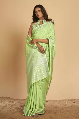 Light green plain linen saree with blouse