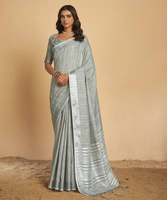 Grey plain linen saree with blouse 1