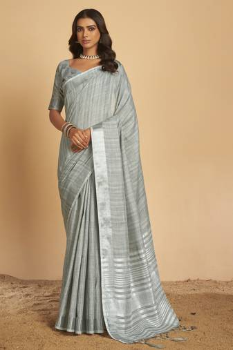 Grey plain linen saree with blouse