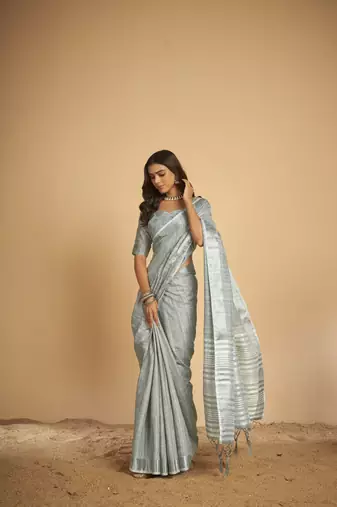 Grey plain linen saree with blouse