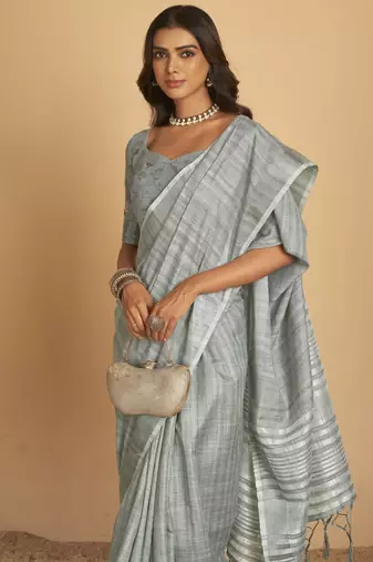 Grey plain linen saree with blouse