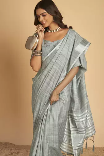 Grey plain linen saree with blouse