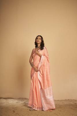 Pink plain linen saree with blouse 3