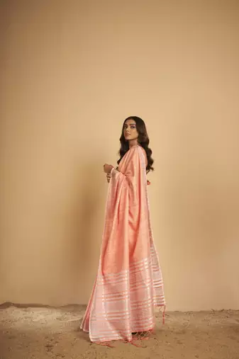 Pink plain linen saree with blouse