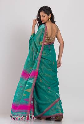 Teal soft cotton handwoven cotton saree 4