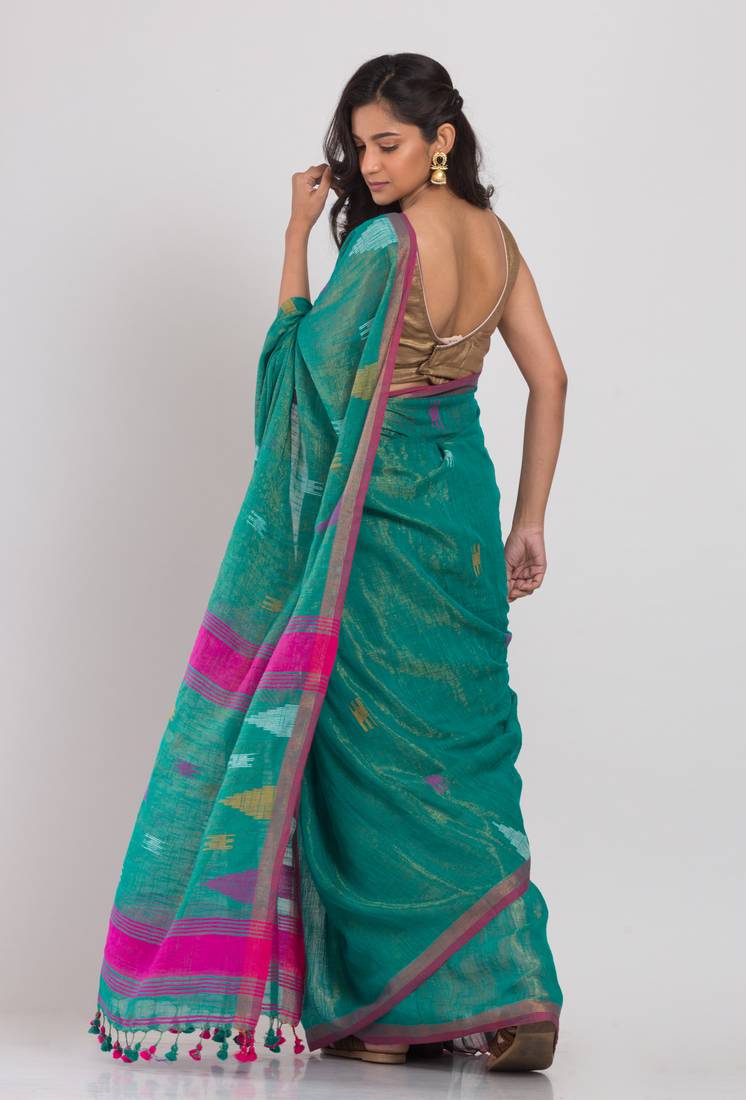 Teal soft cotton handwoven cotton saree