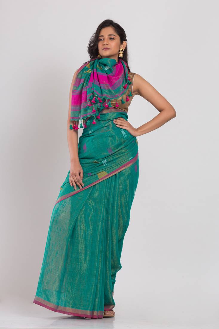 Teal soft cotton handwoven cotton saree